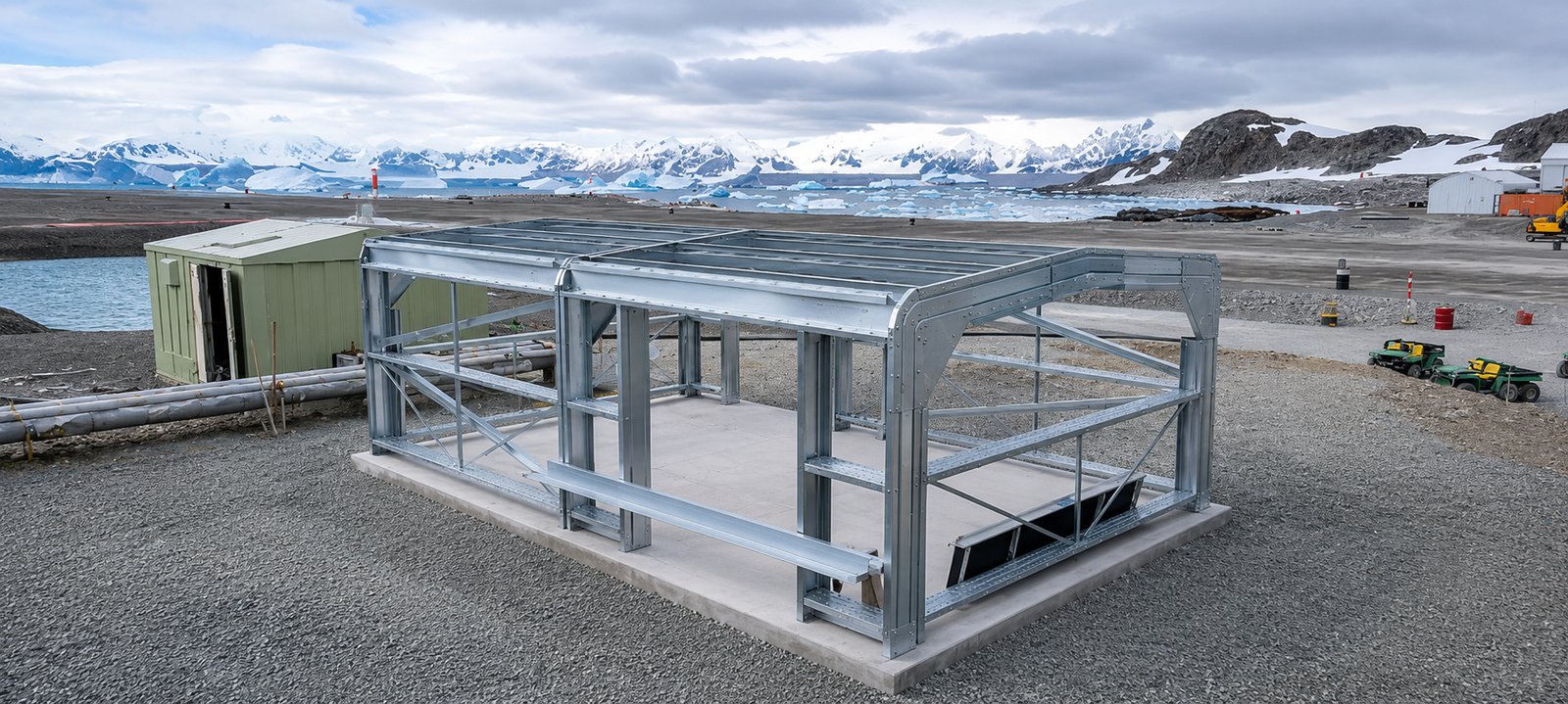 Erected SwageBeam cold-rolled steel portal frame on site